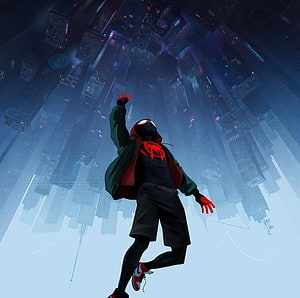 Miles Morales leaping through a futuristic cityscape in a Spider-Verse inspired digital illustration HD wallpaper