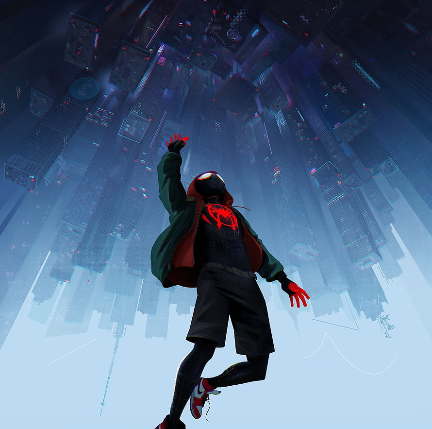 Miles Morales leaping through a futuristic cityscape in a Spider-Verse inspired digital illustration HD wallpaper