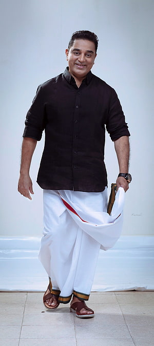 Kamal Haasan in Traditional White Dhoti and Black Shirt HD phone wallpaper