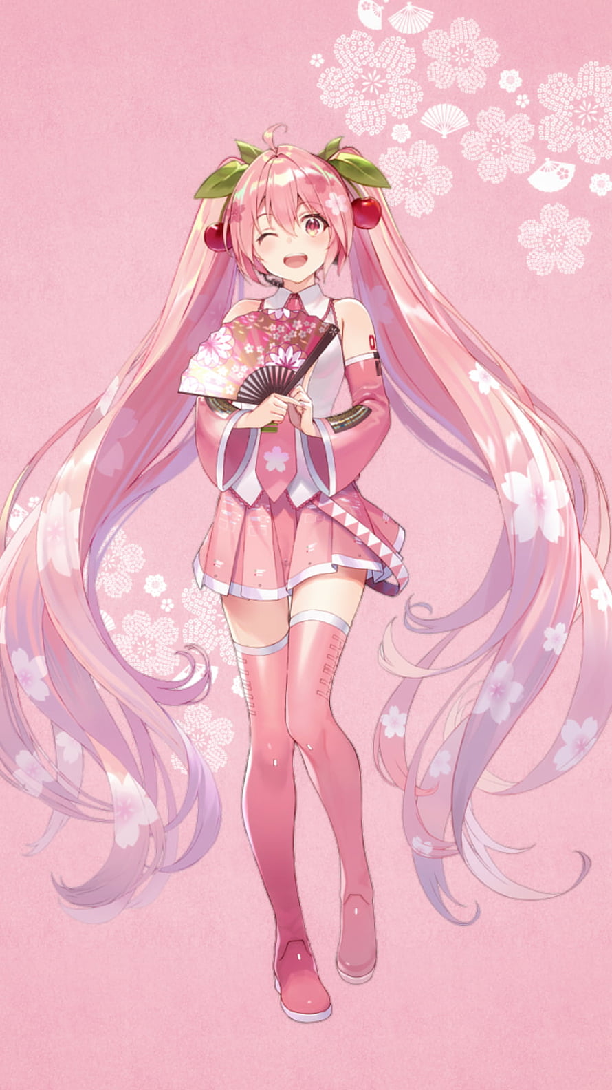 Sakura Hatsune Miku in Cherry Blossom Outfit with Fan and Long Pink Hair HD phone wallpaper