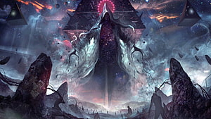Eldritch cosmic horror with towering monolith and floating pyramids in a dark nebula HD wallpaper