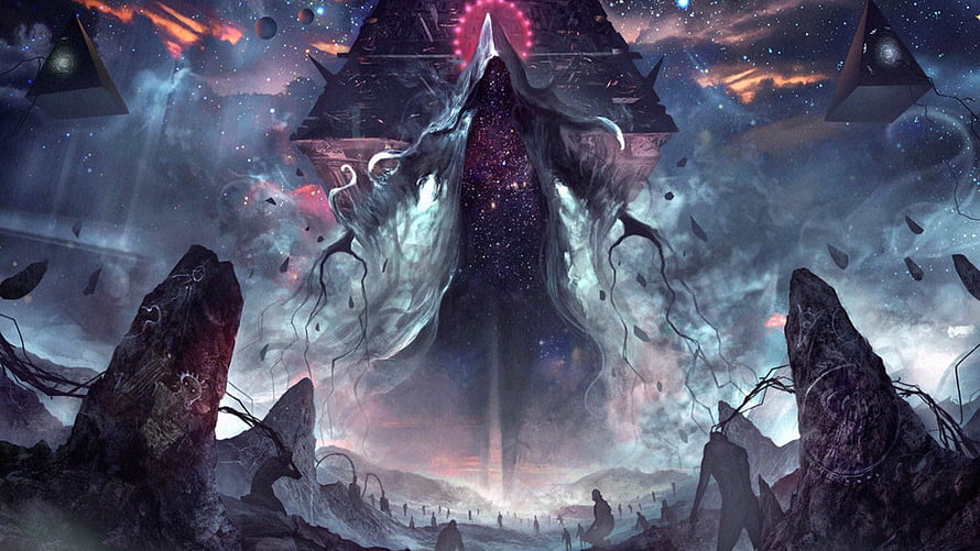Eldritch cosmic horror with towering monolith and floating pyramids in a dark nebula HD wallpaper