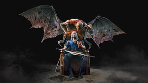 Geralt of Rivia Seated on Throne with Drowner Monster from The Witcher 3 Blood and Wine HD wallpaper