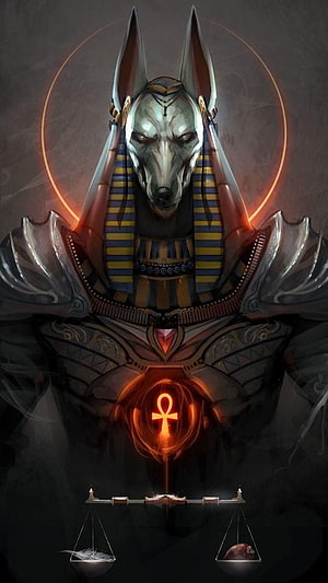 Anubis Egyptian God Digital Art with Scales of Maat and Glowing Ankh Symbol HD phone wallpaper