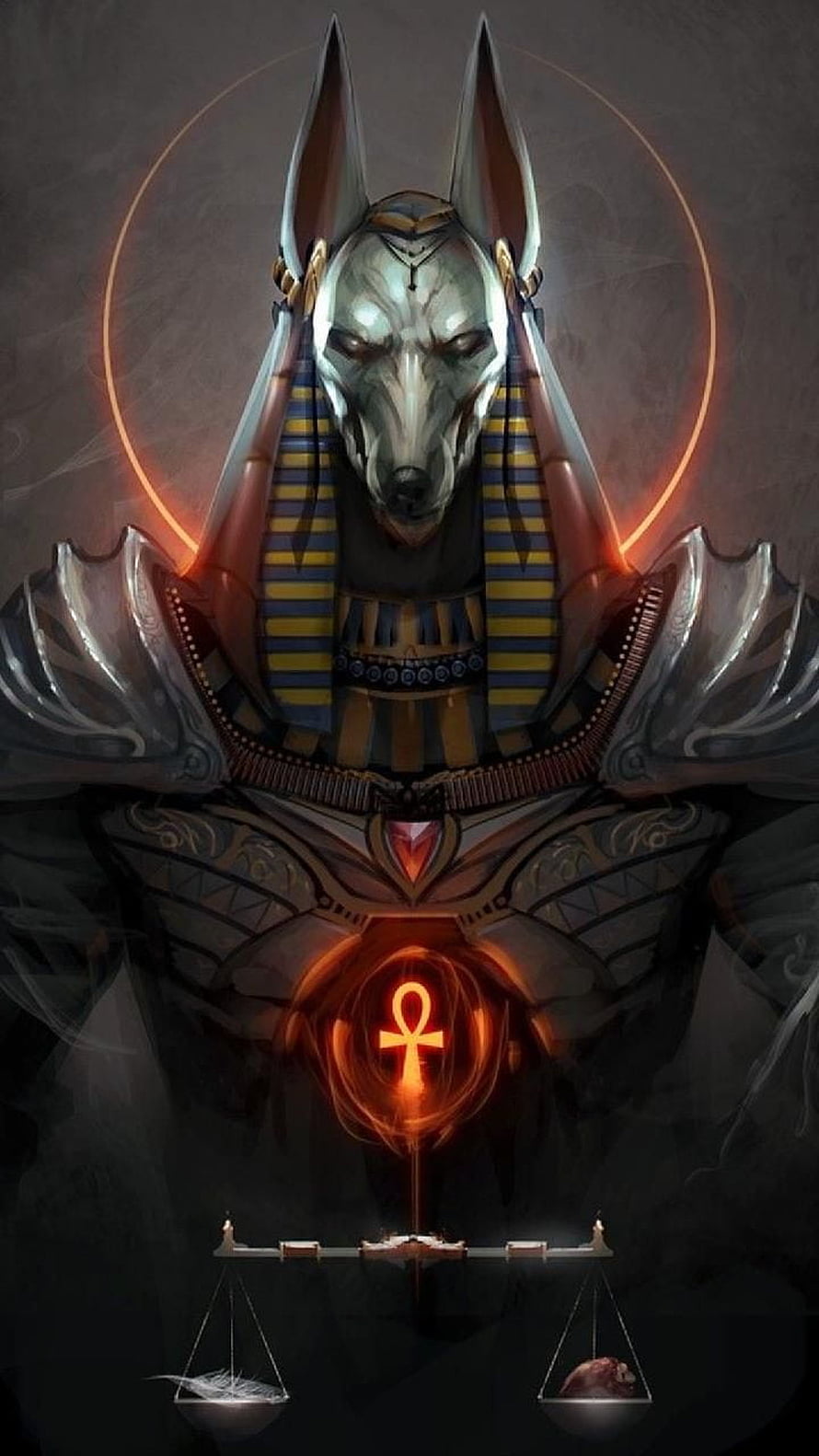 Anubis Egyptian God Digital Art with Scales of Maat and Glowing Ankh Symbol HD phone wallpaper