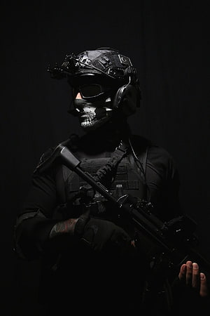 Tactical Soldier Portrait With Skull Mask And Assault Rifle In Dark Atmosphere HD phone wallpaper