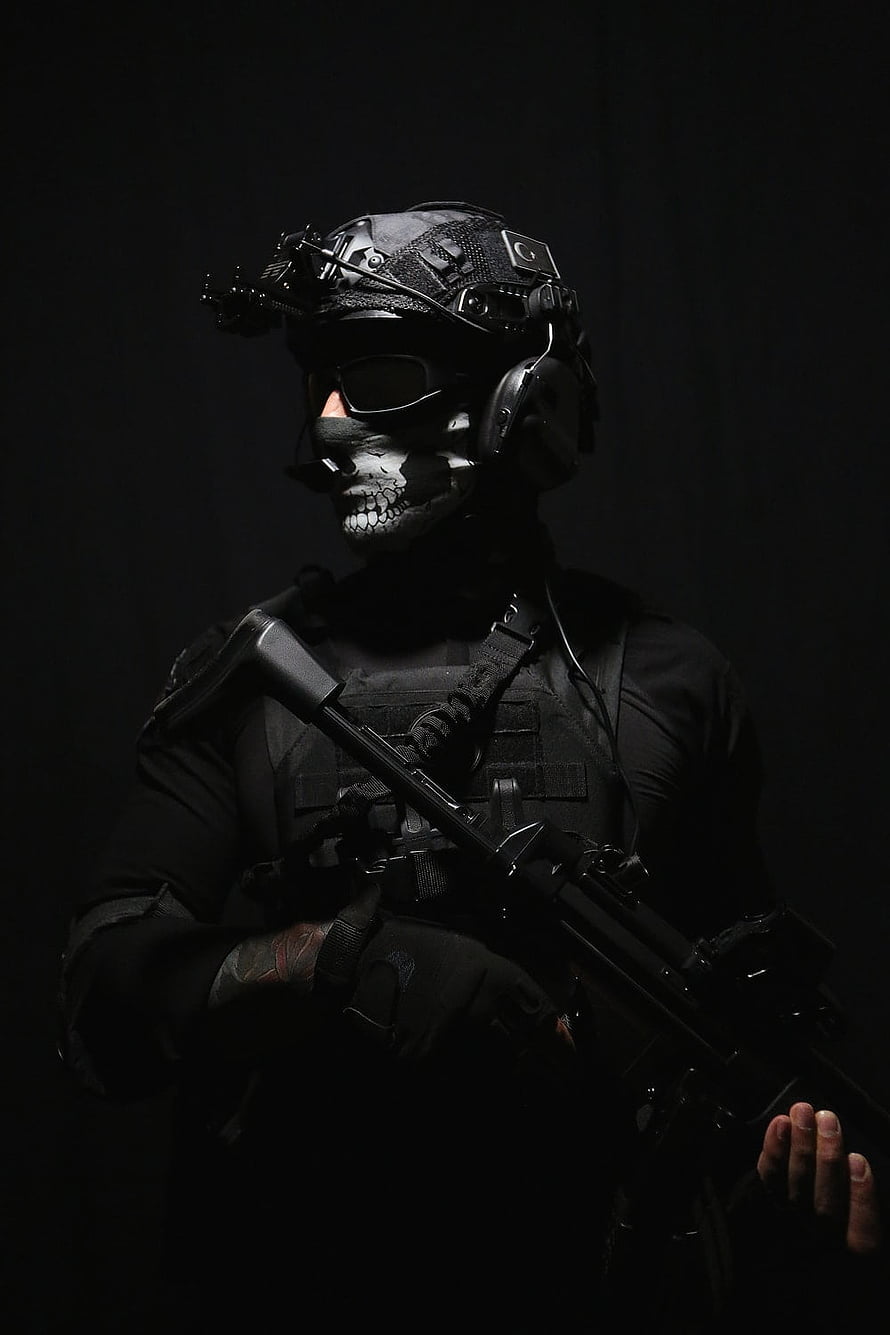 Tactical Soldier Portrait With Skull Mask And Assault Rifle In Dark Atmosphere HD phone wallpaper
