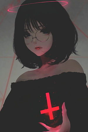 Anime Girl with Round Glasses and Glowing Red Cross in Dark Off-Shoulder Top HD phone wallpaper