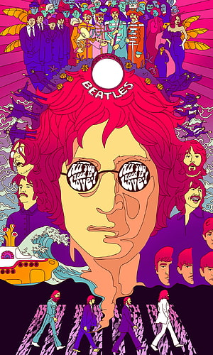 Psychedelic Beatles Portrait with All You Need Is Love Sunglasses and Abbey Road Crossing HD phone wallpaper