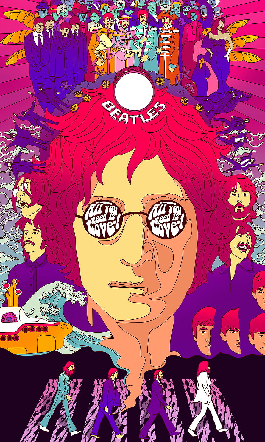 Psychedelic Beatles Portrait with All You Need Is Love Sunglasses and Abbey Road Crossing HD phone wallpaper