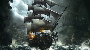 Weathered Pirate Galleon Navigating Stormy Jungle River with Dramatic Lighting HD wallpaper