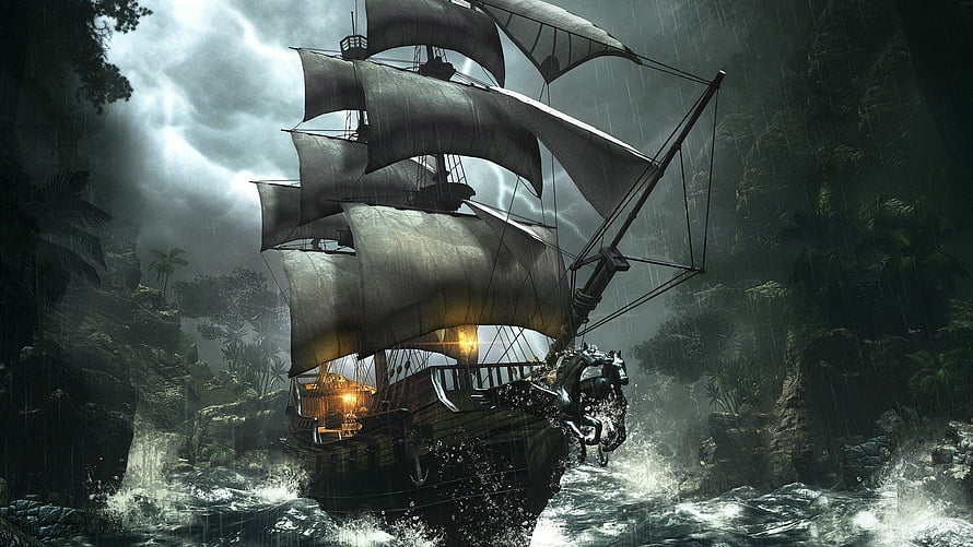 Weathered Pirate Galleon Navigating Stormy Jungle River with Dramatic Lighting HD wallpaper