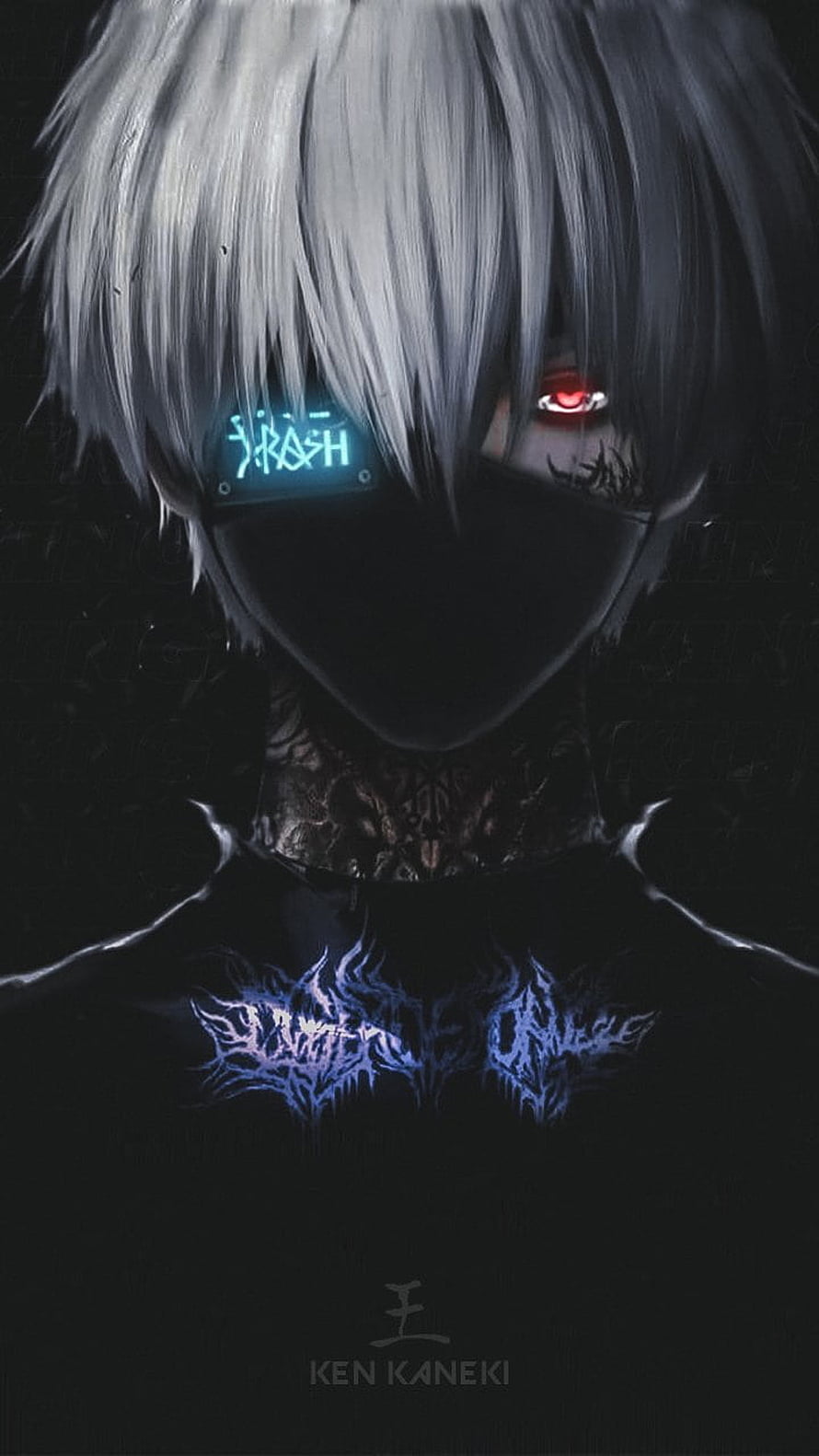Ken Kaneki from Tokyo Ghoul with glowing red eye and cybernetic mask in dark portrait HD phone wallpaper