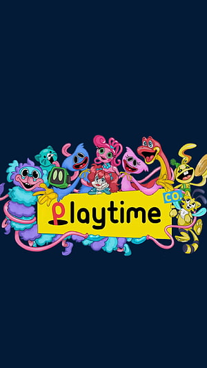 Poppy Playtime Playtime Co. Group Logo with Huggy Wuggy and Friends on Dark Background HD phone wallpaper