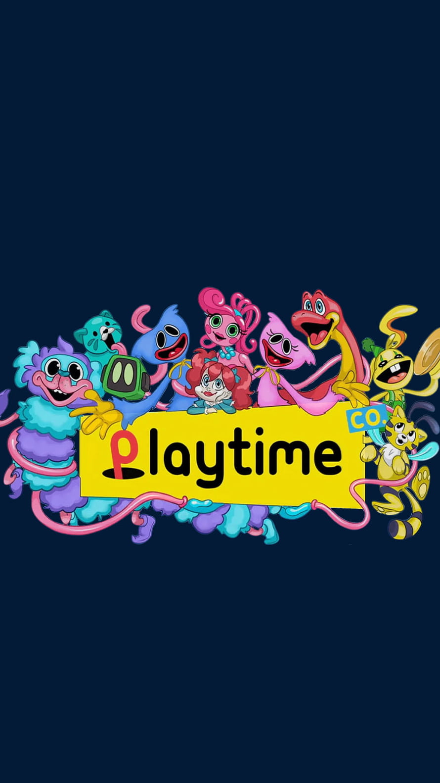 Poppy Playtime Playtime Co. Group Logo with Huggy Wuggy and Friends on Dark Background HD phone wallpaper