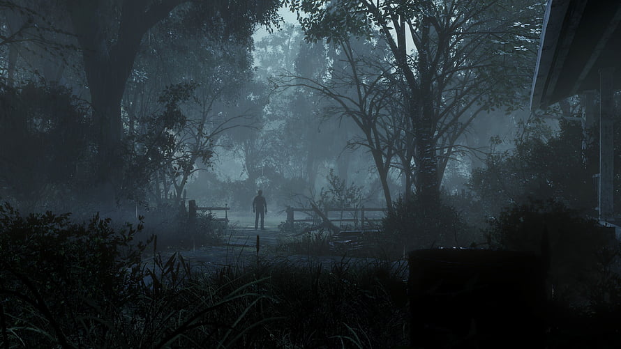 The Evil Within 2 Foggy Forest Scene with Lone Figure and Rustic Fence HD wallpaper