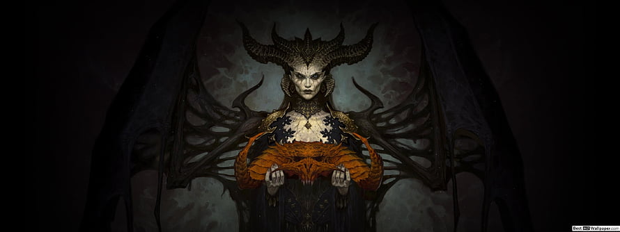 Diablo IV Lilith Dark Fantasy Character Artwork with Horned Headdress and Ornate Wings HD wallpaper