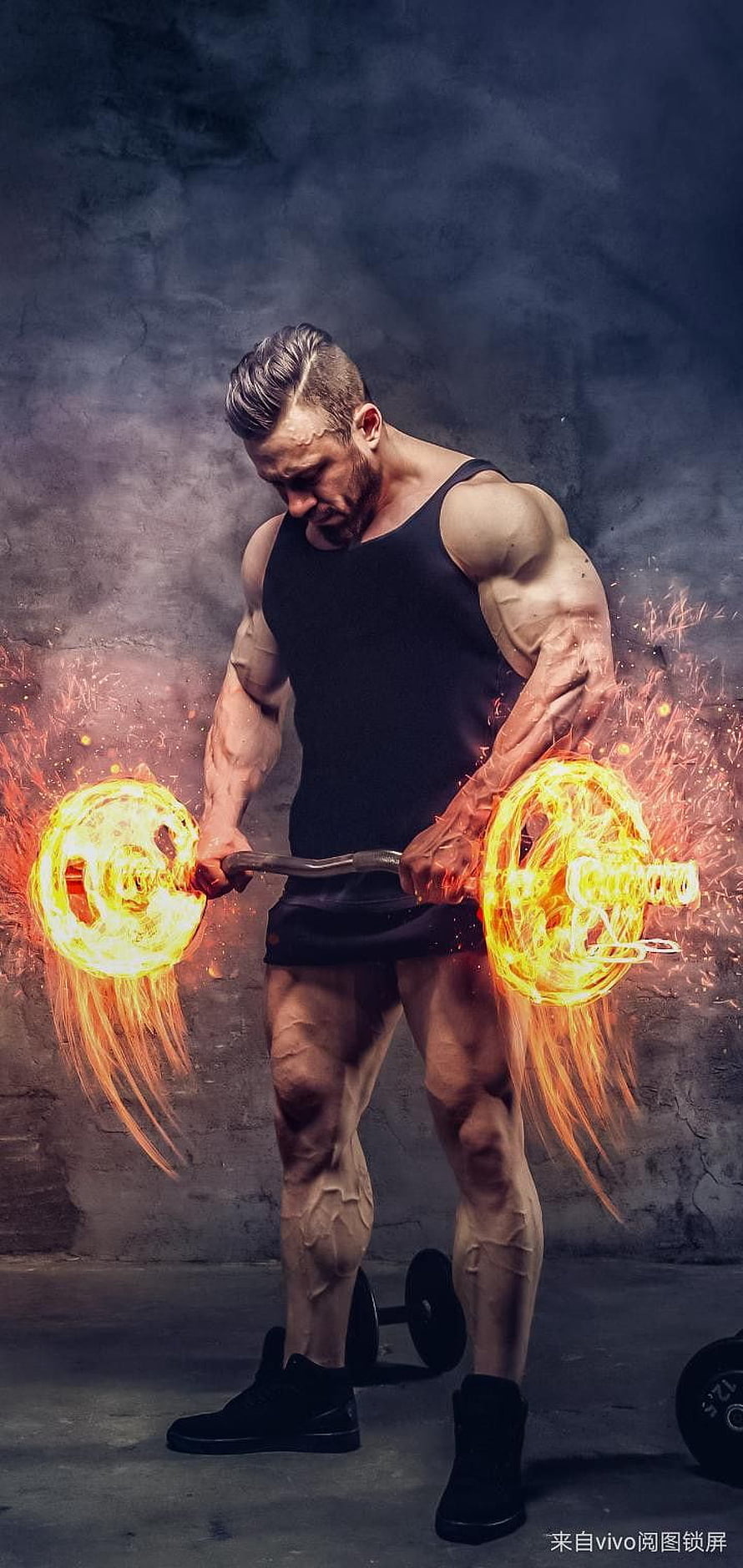 Muscular Bodybuilder Lifting Fiery Barbell with Intense Flame Effects HD phone wallpaper