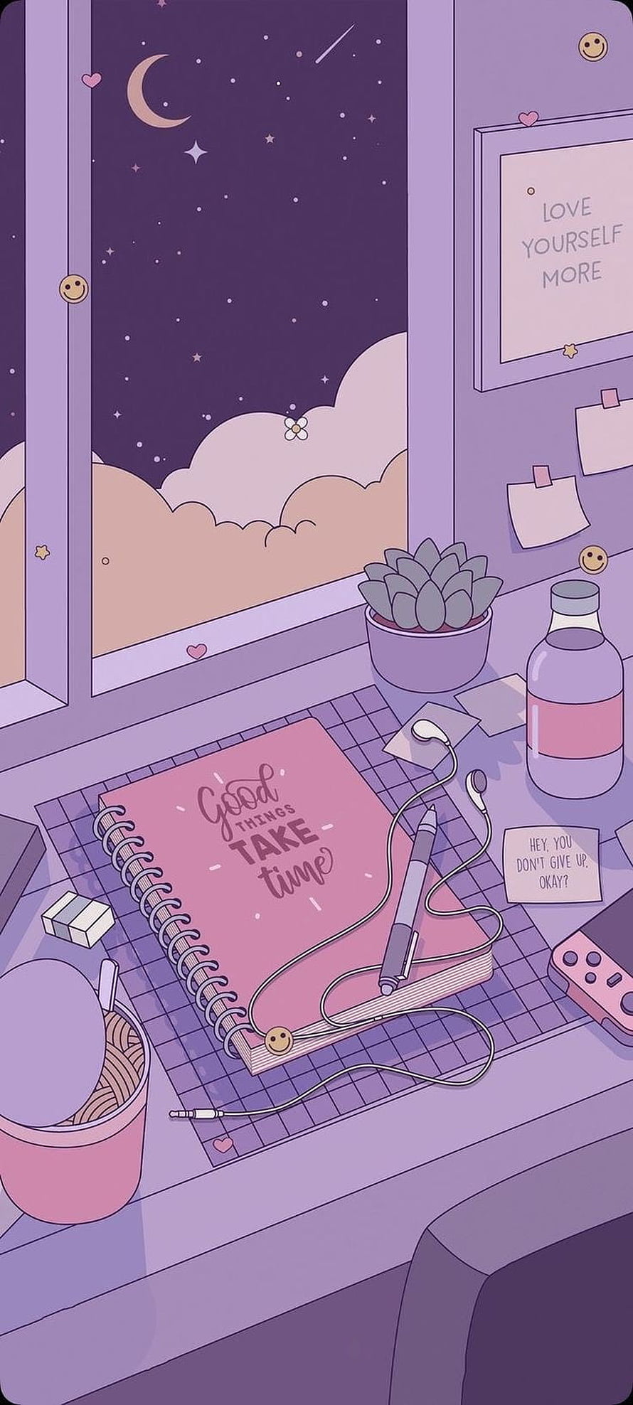 Cozy Purple Bedroom Desk Illustration With Night Sky View And Inspirational Quotes HD phone wallpaper