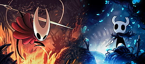 Hornet and Hollow Knight facing off in a dramatic battle scene from the video game HD wallpaper