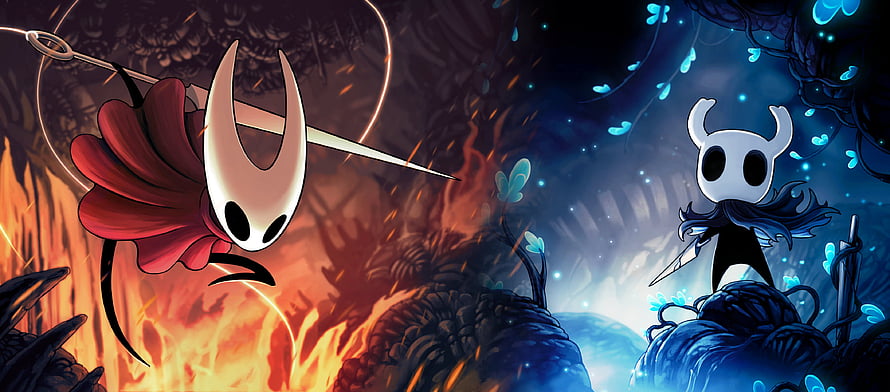 Hornet and Hollow Knight facing off in a dramatic battle scene from the video game HD wallpaper