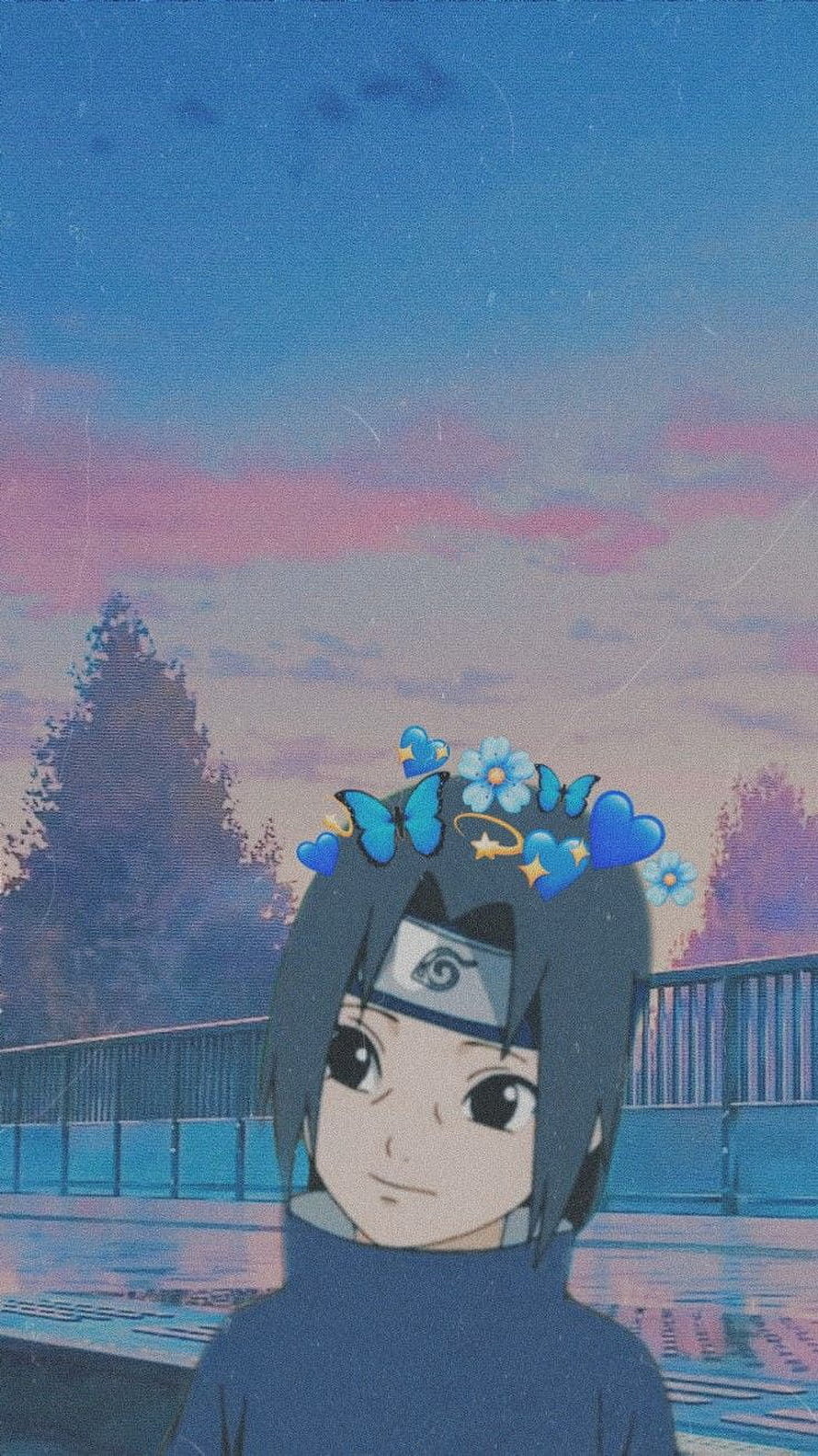 Young Itachi Uchiha Anime Portrait With Blue Butterfly Crown Against Pastel Sunset Sky HD phone wallpaper