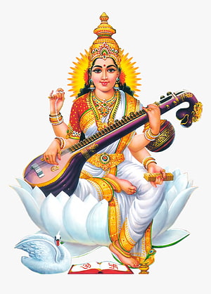 Saraswati Goddess Playing Veena on White Lotus with Swan HD phone wallpaper
