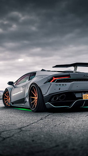 Matte Gray Lamborghini Huracan With Orange Wheels And Underglow HD phone wallpaper