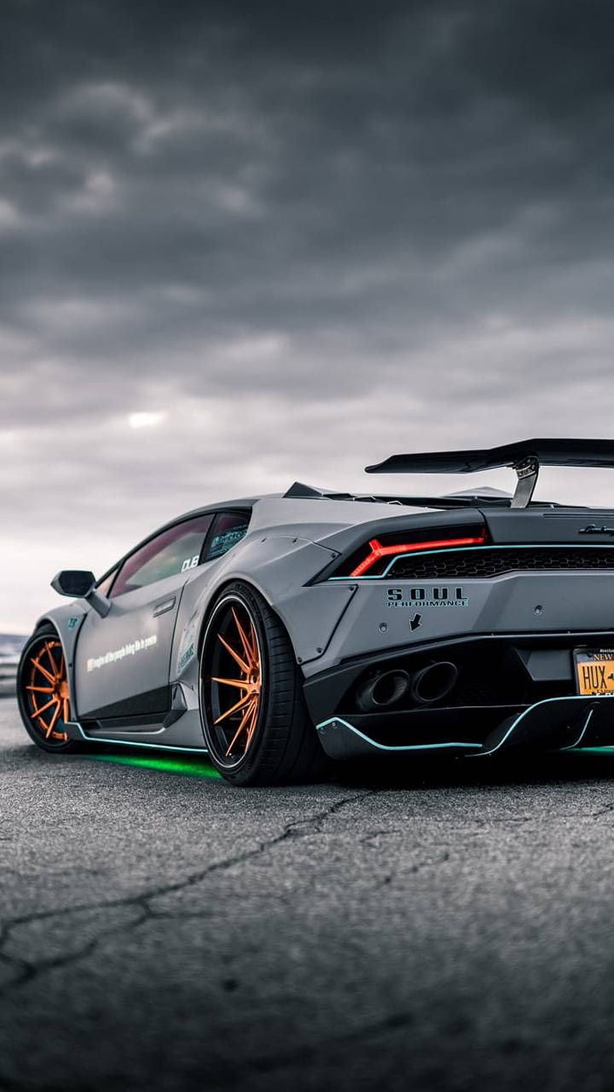Matte Gray Lamborghini Huracan With Orange Wheels And Underglow HD phone wallpaper