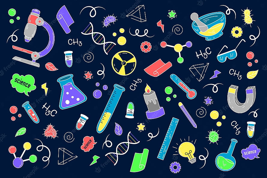 Colorful Science Laboratory Icons And Educational Elements On Dark Background HD wallpaper