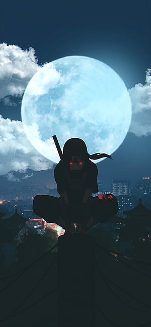 Itachi Uchiha Sitting Silhouette With Giant Moon And City Lights Background HD phone wallpaper
