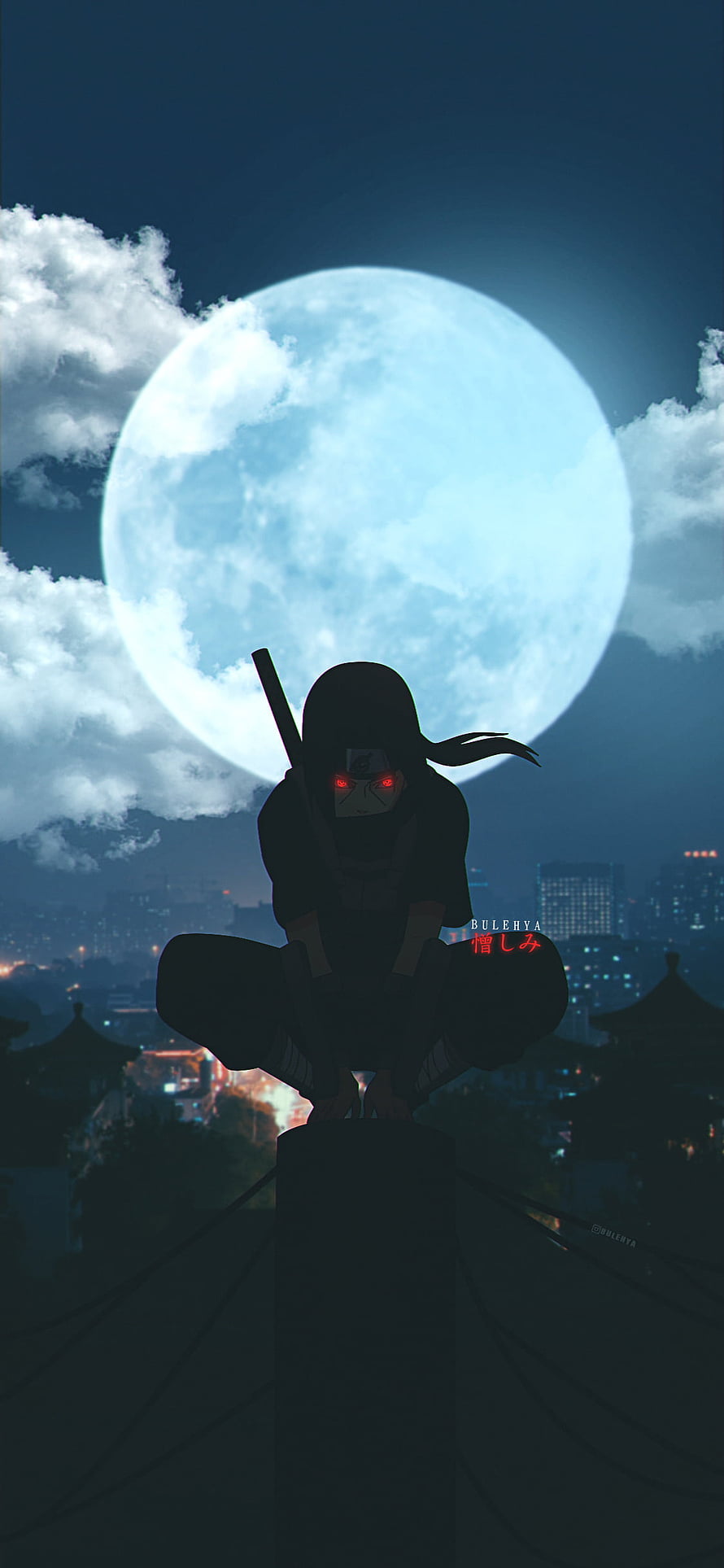 Itachi Uchiha Sitting Silhouette With Giant Moon And City Lights Background HD phone wallpaper