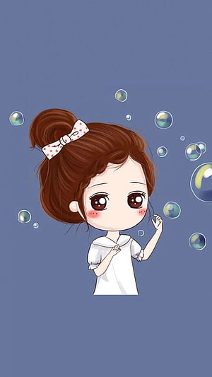 Cute Chibi Girl With Brown Bun And Polka Dot Bow Surrounded By Floating Bubbles HD phone wallpaper