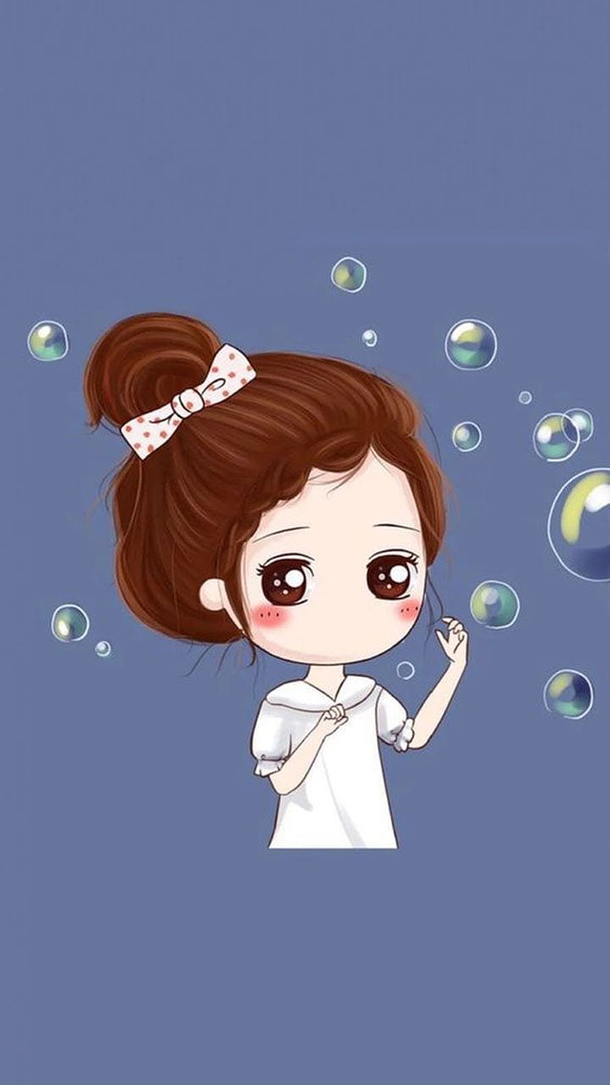 Cute Chibi Girl With Brown Bun And Polka Dot Bow Surrounded By Floating Bubbles HD phone wallpaper