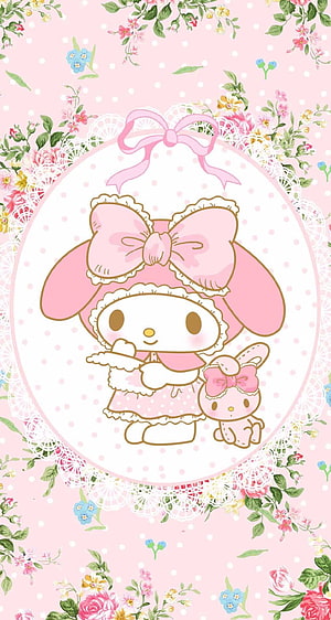 My Melody in a pink dress with a small bunny companion, framed by a floral lace border on a soft polka-dot background HD phone wallpaper