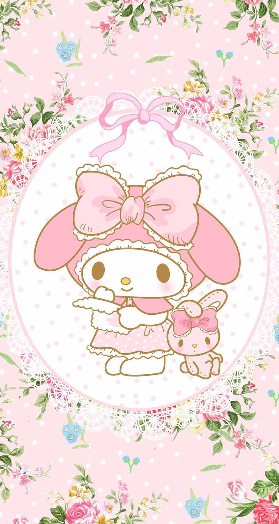 My Melody in a pink dress with a small bunny companion, framed by a floral lace border on a soft polka-dot background HD phone wallpaper