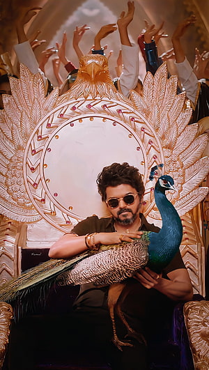 Vijay Sethupathi Sitting on Golden Throne Holding a Peacock HD phone wallpaper
