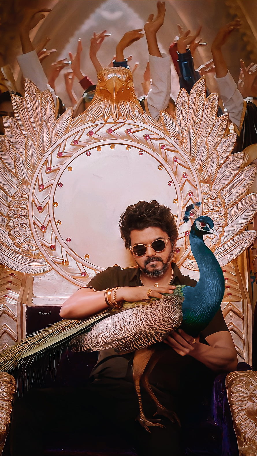 Vijay Sethupathi Sitting on Golden Throne Holding a Peacock HD phone wallpaper