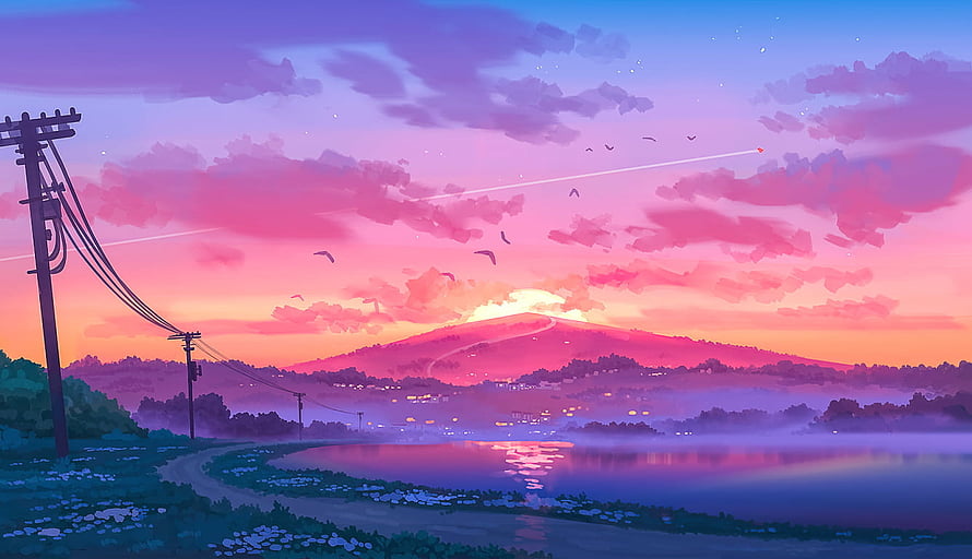 Vibrant Anime Sunset Over Misty Lake and Distant Mountain with Power Lines HD wallpaper