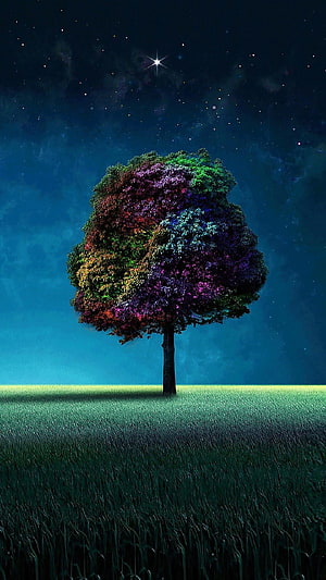 Magical Multicolored Tree Under Starry Night Sky HD phone wallpaper