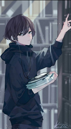 Anime Boy In Black Hoodie Reaching For Book In Library With Earphones HD phone wallpaper