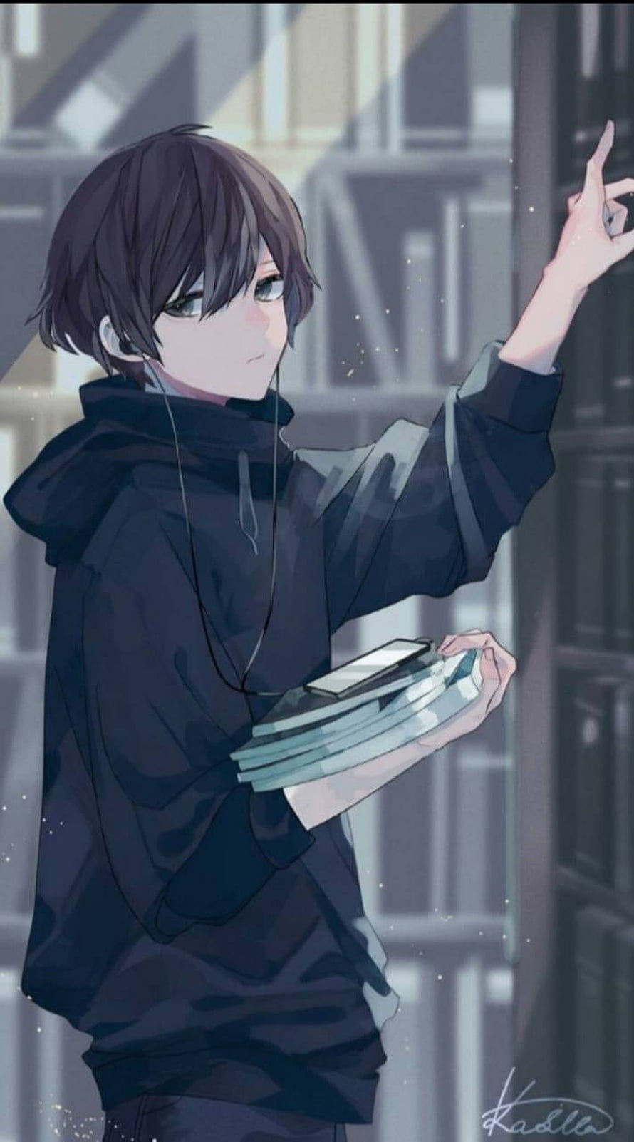 Anime Boy In Black Hoodie Reaching For Book In Library With Earphones HD phone wallpaper