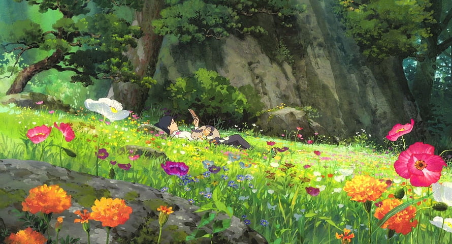 Anime boy relaxing in a vibrant flower field with a cat under a large tree HD wallpaper
