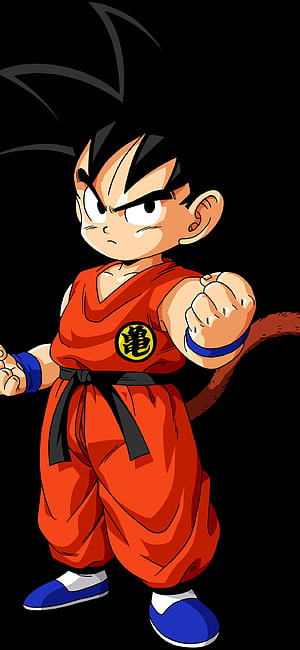 Kid Goku in Orange Gi with Black Belt and Blue Wristbands on Black Background HD phone wallpaper