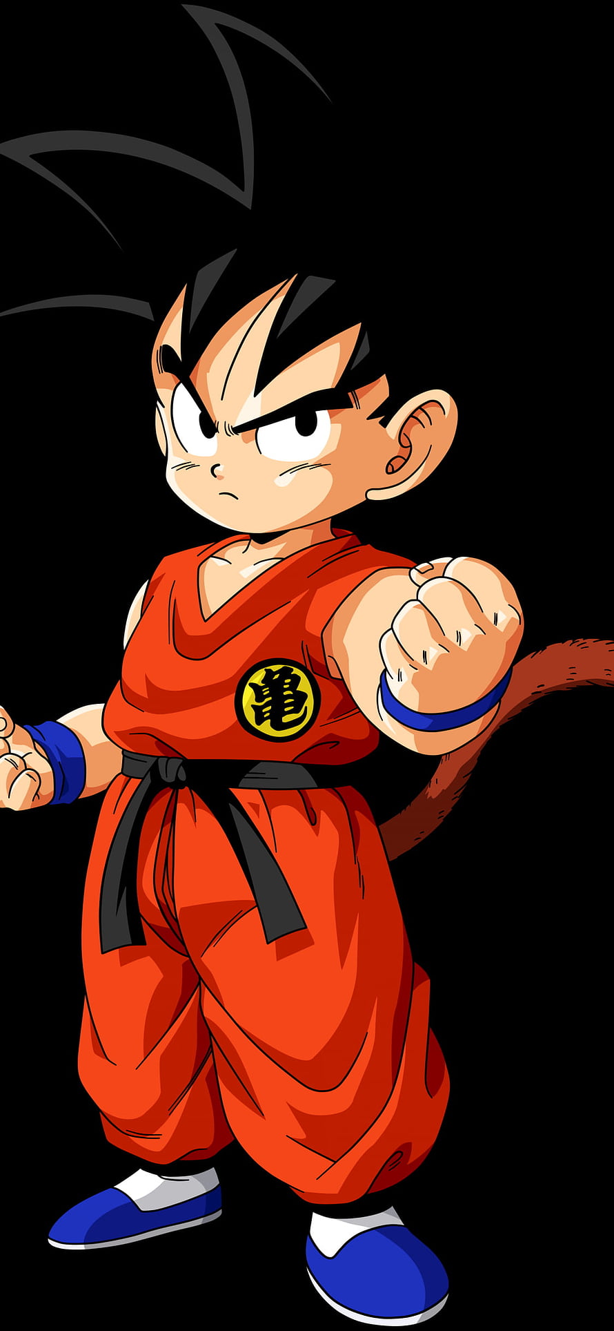 Kid Goku in Orange Gi with Black Belt and Blue Wristbands on Black Background HD phone wallpaper