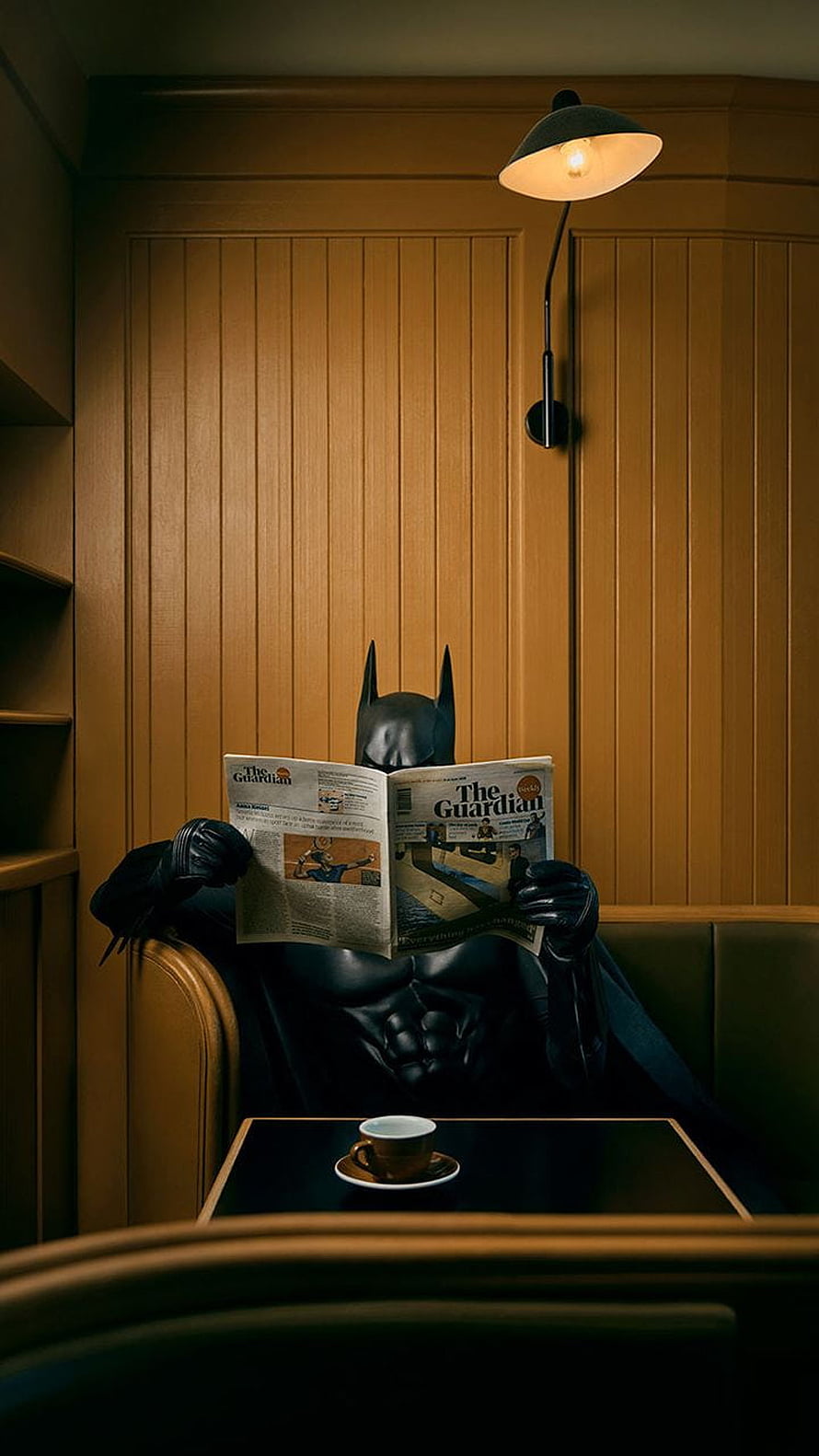 Batman in a cozy cafe reading The Guardian newspaper with coffee, Batman . Cool . Batman , Batman , Batman lockscreen, Batman Funny HD phone wallpaper