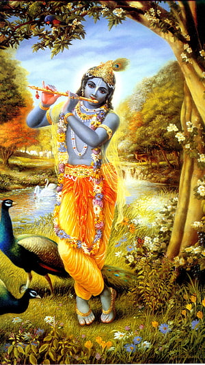 Lord Krishna Playing Flute in Lush Forest with Peacocks and Swans HD phone wallpaper