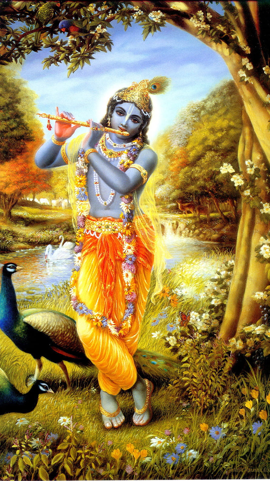 Lord Krishna Playing Flute in Lush Forest with Peacocks and Swans HD phone wallpaper