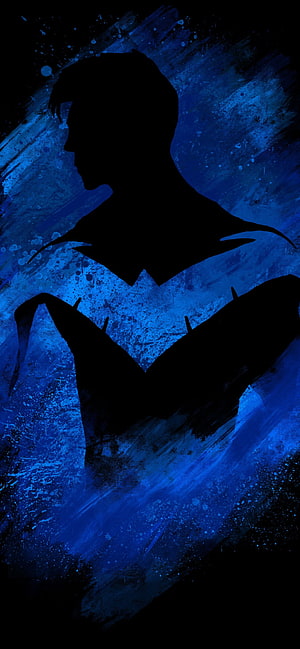 Nightwing Silhouette Portrait with Blue Paint Splatter Background HD phone wallpaper