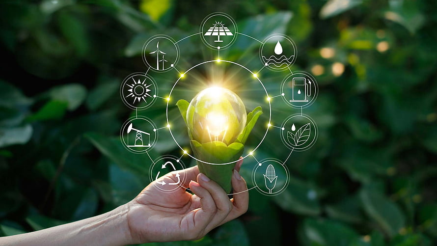 Hand Holding Glowing Green Energy Concept with Renewable Resource Icons HD wallpaper